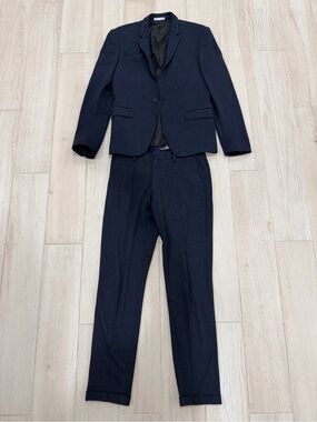 Zara Navy Textured Suit Men's 36R Stretch 2pc Plaid